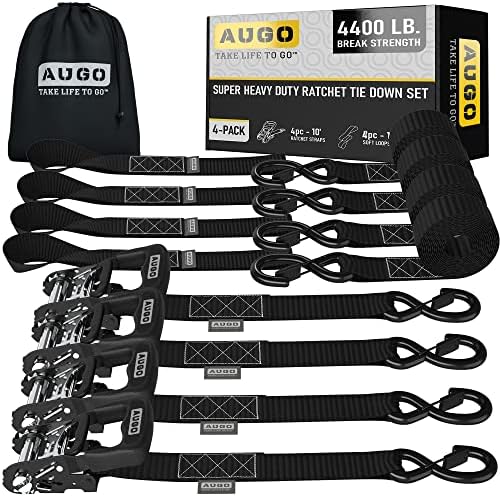 AUGO Heavy Duty Ratchet Straps & Soft Loops – Pack of 4 Extra Strong 1.5” by by AUGO