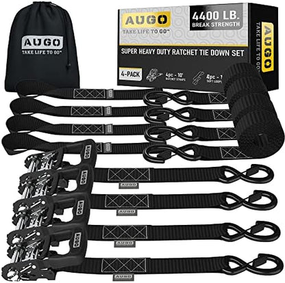 AUGO Heavy Duty Ratchet Straps & Soft Loops – Pack of 4 Extra Strong 1.5” by by AUGO