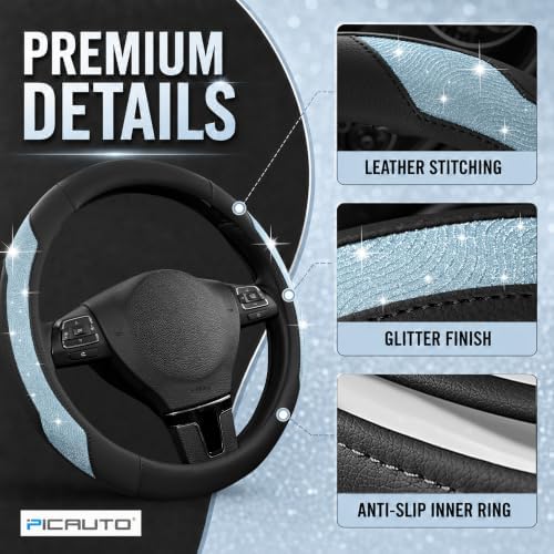 PIC AUTO Steering Wheel Cover, Light Blue Sparkly Crystal Bling Glitter - Image 4