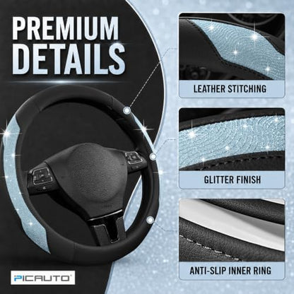 PIC AUTO Steering Wheel Cover, Light Blue Sparkly Crystal Bling Glitter - Image 4