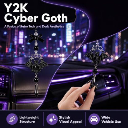 Gothic Car Rearview Mirror Charm Black Crystal Bat Pendant Decor - Image 4