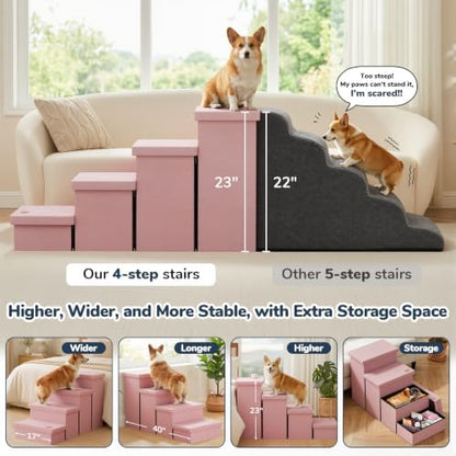 4-Step Wide Dog Stairs with Storage 23" H, Non-Slip Sturdy Pet Steps - Image 3