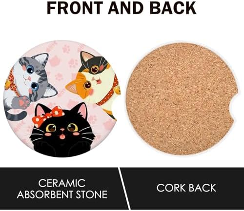 Cats Car Coasters for Cup Holders Set of 2 Pink Paws Absorbent Ceramic Cup - Image 4
