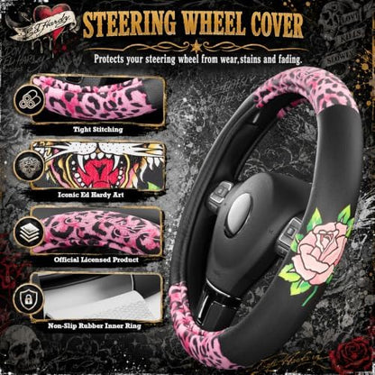 ED HARDY Tiger Print Steering Wheel Cover, Fits 14.5-15.5 Inch Steering Wheels - Image 4