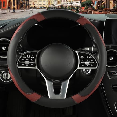 Black Burgundy Microfiber Leather Steering Wheel Cover 15 inch - Image 2