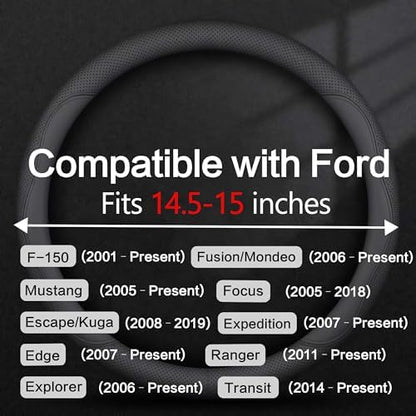 Leather Car Steering Wheel Cover, Breathable Laser-Perforated, Pure Black - Image 3