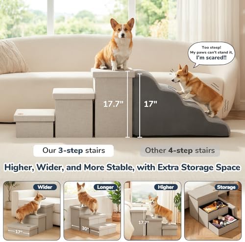 3-Step Wide Dog Stairs with Hidden Storage 18" H, Non-Slip Dog Steps - Image 4