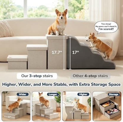 3-Step Wide Dog Stairs with Hidden Storage 18" H, Non-Slip Dog Steps - Image 4