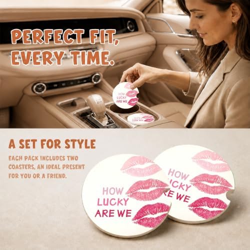 Pink Lip Print Car Coasters, How Luck are We Coquette Cup Holders - Image 2