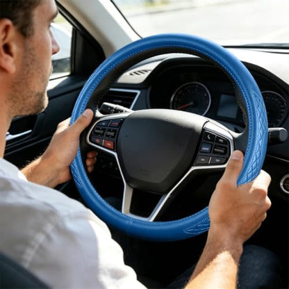 AUCELI 14.5-15 Inch Steering Wheel Cover Non-Slip Leather, Dark Blue - Image 6