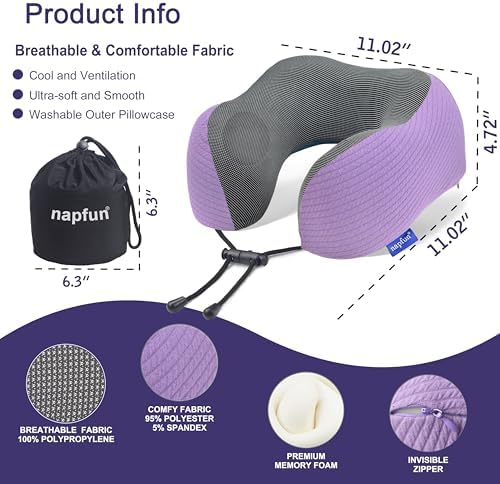 napfun Neck Pillow for Travel, Memory Foam Airplane Pillow, Light Purple - Image 2