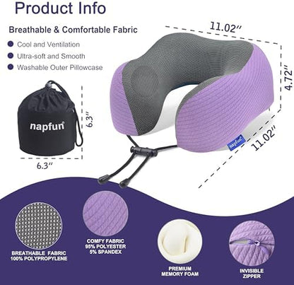 napfun Neck Pillow for Travel, Memory Foam Airplane Pillow, Light Purple - Image 2