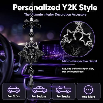 Gothic Car Rearview Mirror Charm Black Crystal Bat Pendant Decor - Image 6