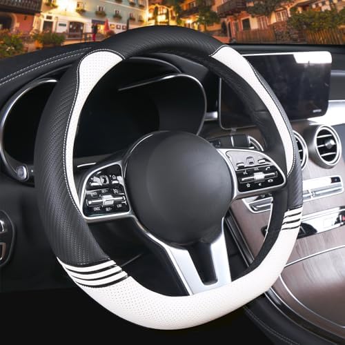 14 inch Cute Leather D Shape Steering Wheel Cover Black White - Image 2