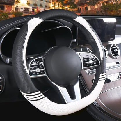 14 inch Cute Leather D Shape Steering Wheel Cover Black White - Image 2