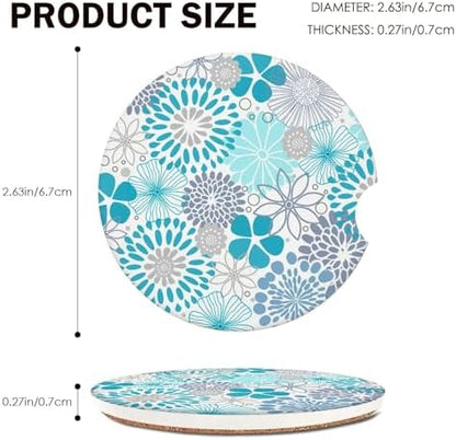 Blue Floral Car Coasters for Cup Holders Set of 2 Bohemian Absorbent Ceramic - Image 3