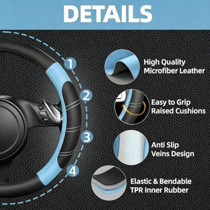 NBTEPEM 6 Pcs Aquamarine Steering Wheel Cover Set, Sport Microfiber Leather - Image 3