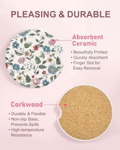 Swooflia Floral Absorbent Ceramic Car Coasters Set of 2, Cute Botanical - Image 3
