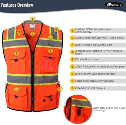 JKSafety Hi-Vis Unisex Surveyor Safety Vest Heavy Duty PPE Inner Pockets - Image 5