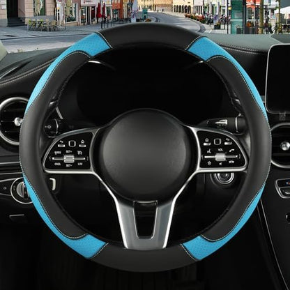 Black Blue Breathable Microfiber Leather Steering Wheel Cover - Image 2