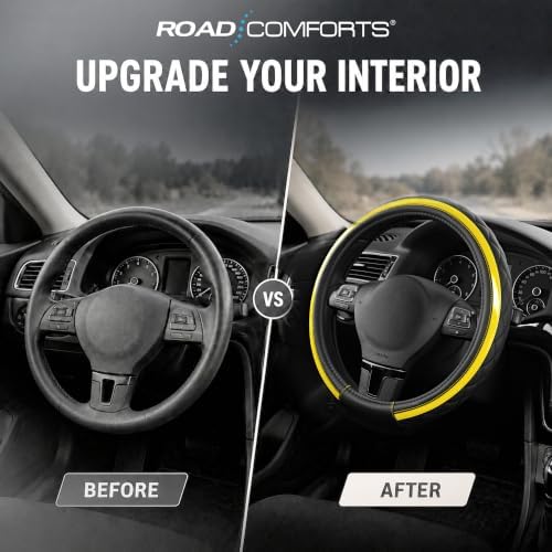 Road Comforts Leather Steering Wheel Cover – Black & Yellow, Universal Fit - Image 5