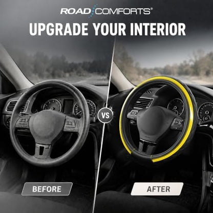 Road Comforts Leather Steering Wheel Cover – Black & Yellow, Universal Fit - Image 5