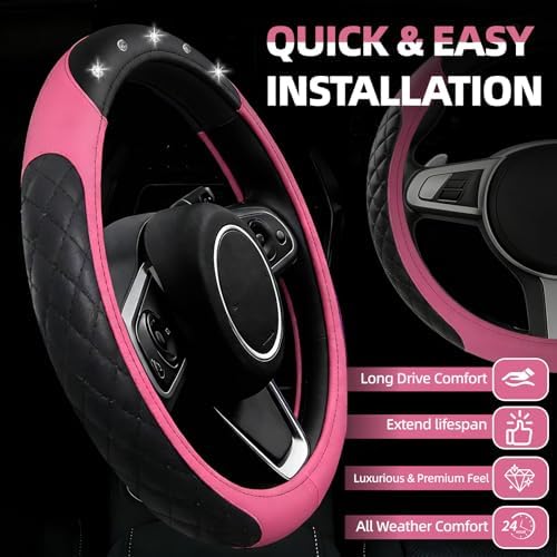 NBTEPEM 6 PCS Bling Pink Car Accessories Set, Leather Pink Steering Wheel - Image 2