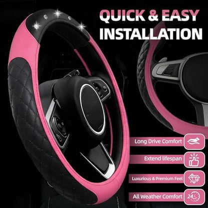 NBTEPEM 6 PCS Bling Pink Car Accessories Set, Leather Pink Steering Wheel - Image 2