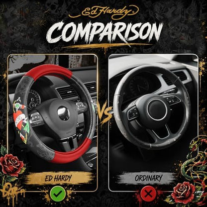 ED HARDY Heart Print Steering Wheel Cover, Fits 14.5-15.5 Inch Steering Wheels - Image 6