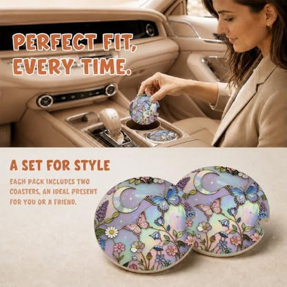 Butterflies Stained Glass Car Coasters, Dreamy Moom Floral Cup Holders - Image 2