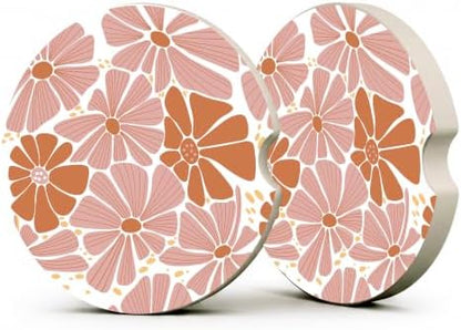 Boho Floral Car Coasters, Retro Minimalist Country Flowers Cup Holders by Unknown