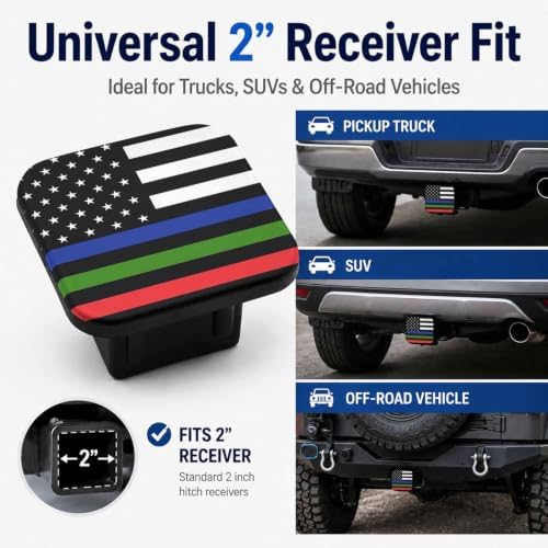 Hitch Cover Receiver Tube Hitch Plug, Thin Red Green Blue Line American Flag - Image 4