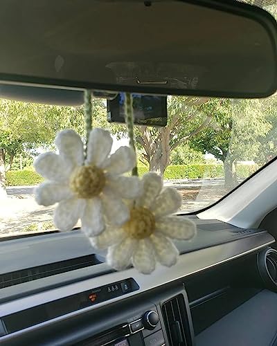 Crochet Daisy Car Accessories for Women Cute Rear View Mirror Hanging Charm by AGROMUSK