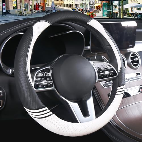 15 inch Cute Leather Steering Wheel Cover Black and White by Binsheo