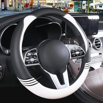 15 inch Cute Leather Steering Wheel Cover Black and White by Binsheo