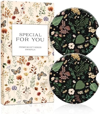 Swooflia Floral Absorbent Ceramic Car Coasters Set of 2, Cute Botanical by Swooflia