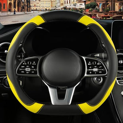 Black Yellow Microfiber Leather D Shaped Steering Wheel Cover by Binsheo