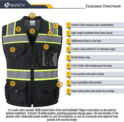 JKSafety Hi-Vis Unisex Surveyor Safety Vest Heavy Duty PPE Inner Pockets - Image 6