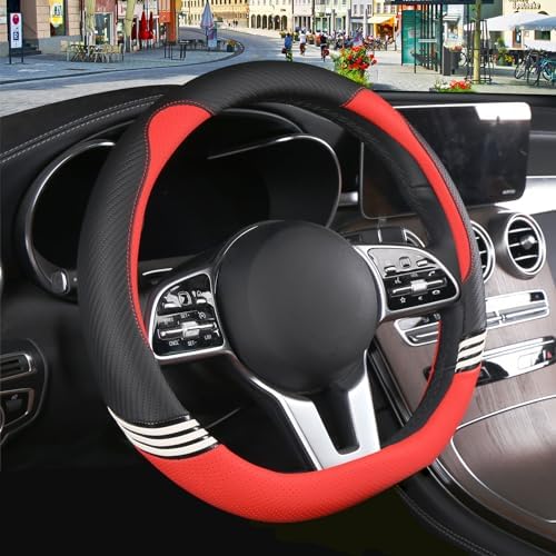 15 inch Cute Leather D Shape Steering Wheel Cover Black Red - Image 2