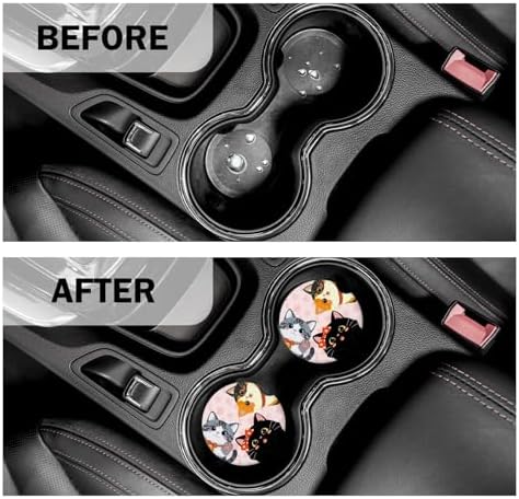 Cats Car Coasters for Cup Holders Set of 2 Pink Paws Absorbent Ceramic Cup - Image 2