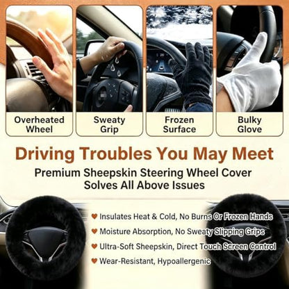 Black Furry Genuine Sheepskin Steering Wheel Cover Set - Image 5
