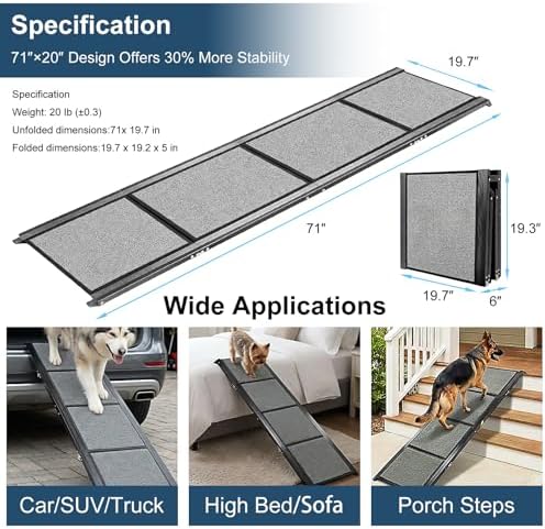 Dog Ramp for Cars 71"Long x 20"Wide SUV & Trucks, Non-Slip Surface Aluminum Pet - Image 2