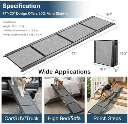 Dog Ramp for Cars 71"Long x 20"Wide SUV & Trucks, Non-Slip Surface Aluminum Pet - Image 2