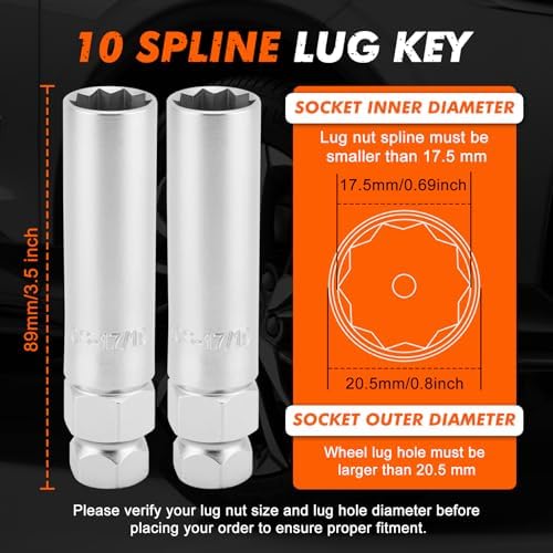 CASOMAN 2-Piece 10 Spline Lug Nut Key, Wheel Lock Removal Tool Kit - Image 2