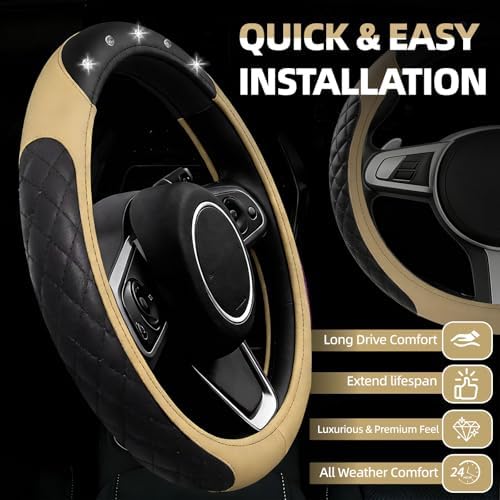 NBTEPEM 6 PCS Bling Beige Car Accessories Set, Leather Beige Steering Wheel - Image 2