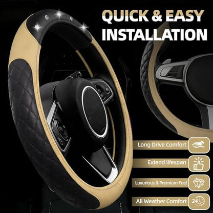 NBTEPEM 6 PCS Bling Beige Car Accessories Set, Leather Beige Steering Wheel - Image 2