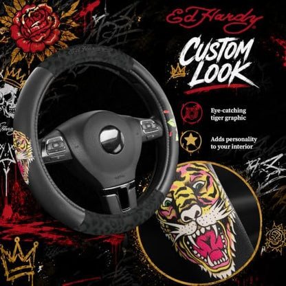 ED HARDY Tiger Print Steering Wheel Cover, Fits 14.5-15.5 Inch Steering Wheels - Image 3