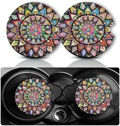 2Pcs Boho Mandala Car Coasters, 2.75" Neoprene Cars Cup Holder Coasters by Databa