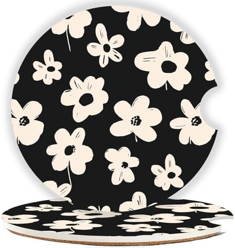 Ceramic Car Cup Holder Coasters Set of 2, 2.56 in White Flowers by Mengduxd