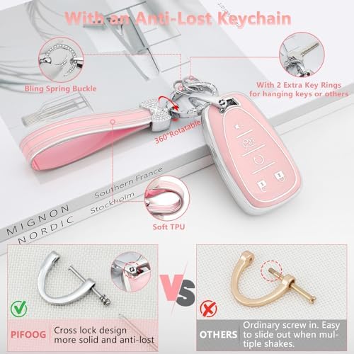 PIFOOG Key Fob Cover for Chevy Pink Soft TPU 5 Button Car Keys Case Shell Bling - Image 6